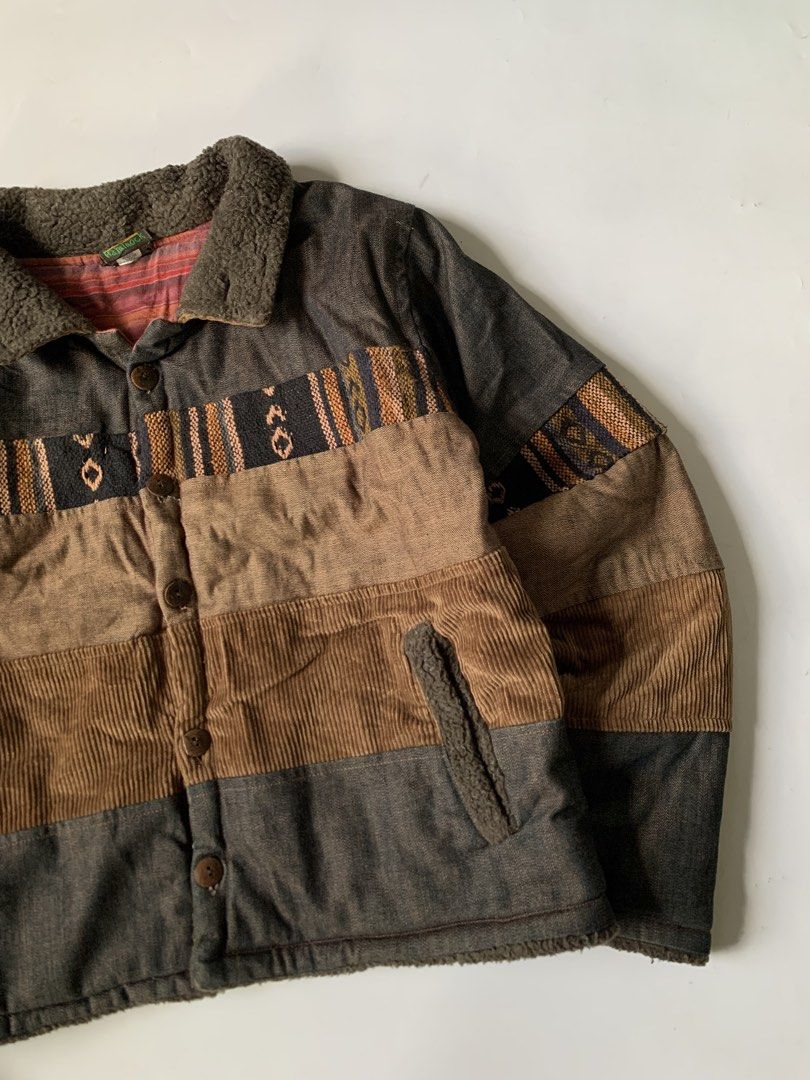 Vintage Hammock Multi Texture Patchwork Jacket (Category: Coats, Jackets and Outerwear) located in Baguio. Submitted by archival.store (Listing ID 1450381430, Image 2). Description: Size tagged: Issue: None Width:20.5 Length:22.5 Shoulder:18 Sleeve:23.5.