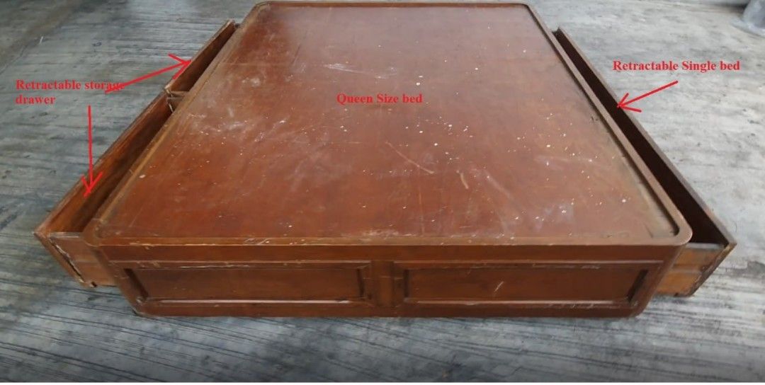 Vintage Narra Queen Size Bed Frame with Pullout Storage & Single Bed (Category: Bed Frames & Mattresses) located in San Juan City. Submitted by jbq11 (Listing ID 1450182723, Image 1). Description: - 2 pullout drawers on 1 side, pullout single bed on other side - Approx. dimensions: 1.90m (L) x 1.61m (W) x 0.37m (H).