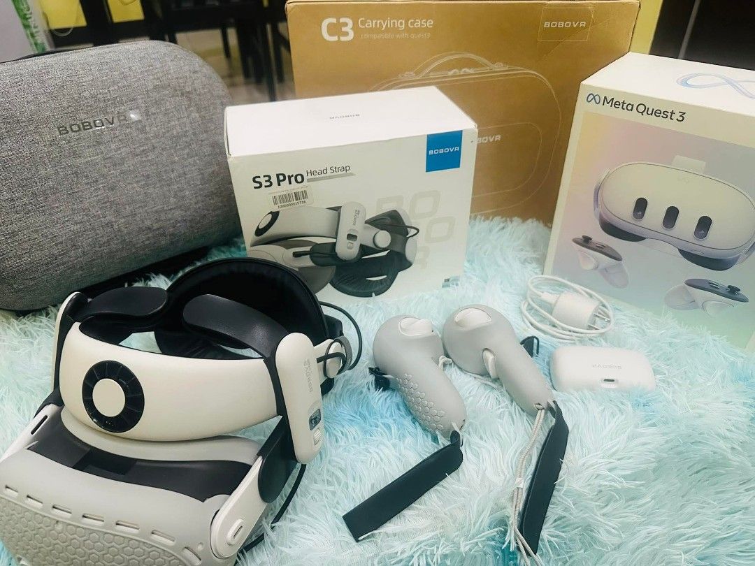 VR MetaQuest 3 (128gb) (Category: Virtual Reality) located in Manila. Submitted by fierceearth.a1a6fd (Listing ID 1450494709, Image 3). Description: Meta Quest 3 – 128GB (Complete with Accessories) Included: ● Meta Quest 3 – 128GB ● BOBOVR C3 Carrying Case (Grey) ●Silicone Protective Cover Kit (Headset, Face Cover & Controller Protection) ●BOBOVR S3 Pro Head Strap ●Complete with original boxes Condition: ●Used only 3 times. ● Very well maintained