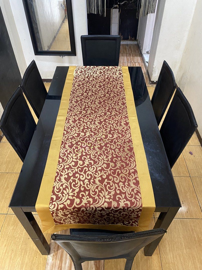 6- Person Dining Table (Category: Tables & Sets) located in Manila. Submitted by burritoenthusiast_5 (Listing ID 1450608848, Image 1). Description: 6-Person Glass Black Dining Table Dimension: 140x80cm Honest Issue: Flaking Leather Chairs (negotiable price).