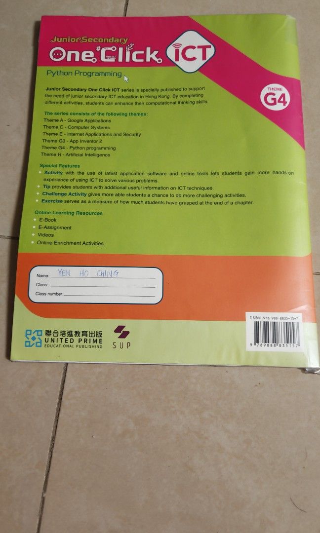 中學 ICT 課本 Python Programming （分類：教科書）位於 Hong Kong。 由 swiftbear_flower 提交（商品編號 1450722248，圖片 3）。簡介： 中學ICT課本，教Python程式設計書名《OneClickICT》，作者嚴浩清，適合中三學生 由UnitedPrimeEducationalPublishing出版 #只有第一版書寫簽名 #不接受平台付款 #介意者物牌 #中三課本曾#肇添中學#大水坑站交收#接近全新冇書寫。