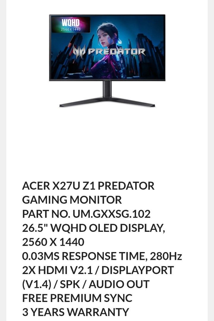 ACER X27U Z1 PREDATOR GAMING MONITOR