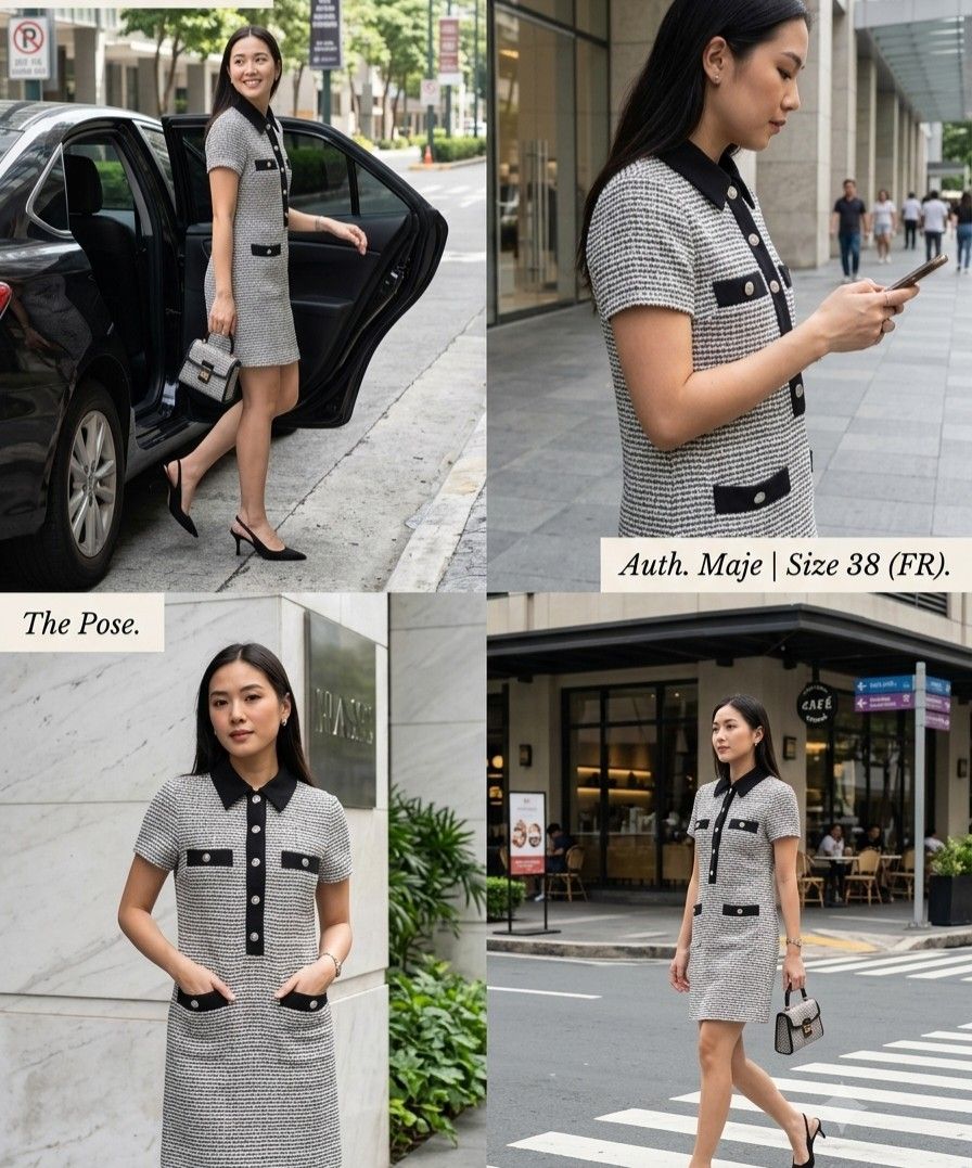 Auth. Maje Tweed Dress Size 38 FR (Category: Dresses) located in Makati City. Submitted by zend14 (Listing ID 1450665548, Image 3). Description: - Authentic Maje tweed dress - Classic tweed material with black trim and buttons - Short sleeves - Collared neckline - Knee-length cut - Ideal for work or smart casual occasions slightly negotiable pick up at belair Makati - Selling as it's no longer my style.