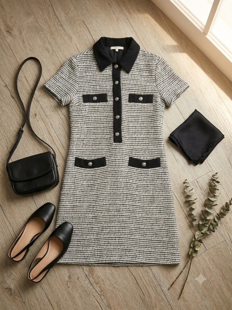 Auth. Maje Tweed Dress Size 38 FR (Category: Dresses) located in Makati City. Submitted by zend14 (Listing ID 1450665548, Image 2). Description: - Authentic Maje tweed dress - Classic tweed material with black trim and buttons - Short sleeves - Collared neckline - Knee-length cut - Ideal for work or smart casual occasions slightly negotiable pick up at belair Makati - Selling as it's no longer my style.