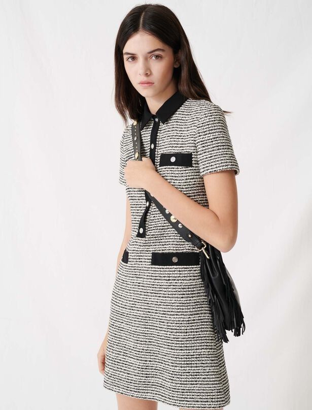 Auth. Maje Tweed Dress Size 38 FR (Category: Dresses) located in Makati City. Submitted by zend14 (Listing ID 1450665548, Image 1). Description: - Authentic Maje tweed dress - Classic tweed material with black trim and buttons - Short sleeves - Collared neckline - Knee-length cut - Ideal for work or smart casual occasions slightly negotiable pick up at belair Makati - Selling as it's no longer my style.