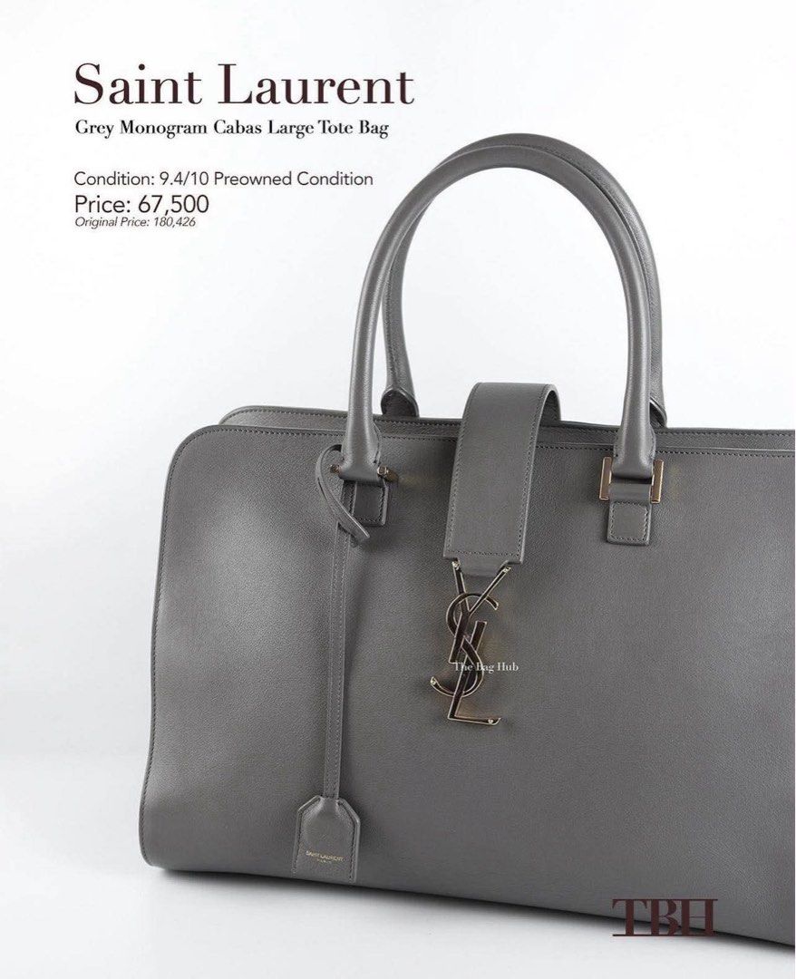 Authentic YSL Tote Bag Saint Laurent Grey Monogram Cabas Large (Category: Luxury Bags & Wallets) located in Manila. Submitted by shopforless93 (Listing ID 1450541835, Image 2). Description: Authentic YSL Saint Laurent Cabas Tote Bag - Large Size - Genuine Leather - Signature Gold YSL Logo Hardware - Top Handle and Detachable Shoulder Strap - Includes Original Leather Tag - Ideal for Everyday Use RFS : decluttering stuff at home Original price: 18