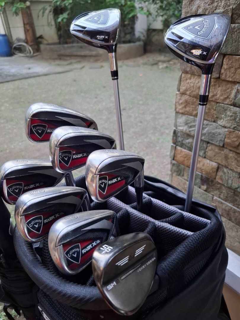 Callaway Razr X Golf Club Set (Category: Golf) located in Quezon City. Submitted by thirdy33551 (Listing ID 1450615799, Image 1). Description: - Set of Callaway Razr X golf clubs - Includes: Razr X Black: 3-wood, 5-wood - Irons: Razr X HL: 4, 5, 6, 8, 9, PW - missing 7 iron - Vokey Design Sand Wedge 56deg - 9 pcs golf clubs only, Golf Bag not included i can sell the fairway woods separately at P3,500 each. additional Odyssey Metal-X putter add P3