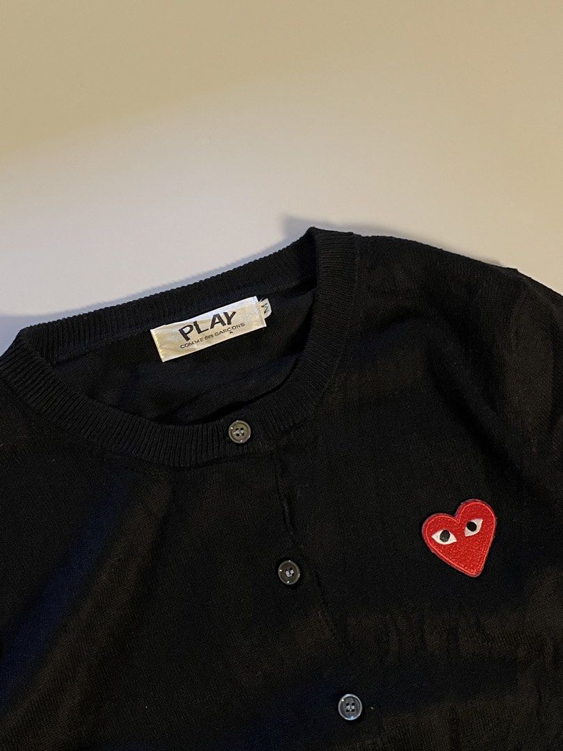 CDG COMME DES GARCONS PLAY CARDIGAN JACKET (Category: Tshirts & Polo Shirts ) located in Pasay City. Submitted by digital_wardrobe.ph (Listing ID 1450630835, Image 3). Description: CDG COMME DES GARCONS PLAY CARDIGAN JACKET details size: small - medium width: 19 length: 24 price: 650 location: pasay city.