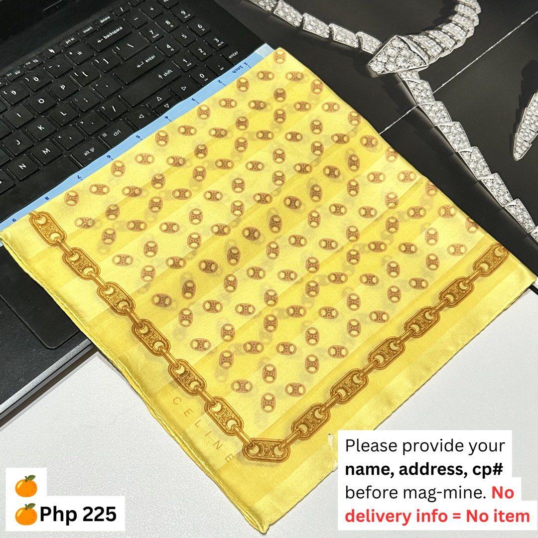 Celine Yellow Scarf Handkerchief Chain Print (Category: Scarves) located in Bulacan. Submitted by Tuabliss (Listing ID 1450656647, Image 1). Description: - Authentic Yellow Celine Scarf - Features iconic chain print - Elegant gold chain border detail - Perfect for adding a pop of color - Price: Php 225 - Mine first, then message for details..