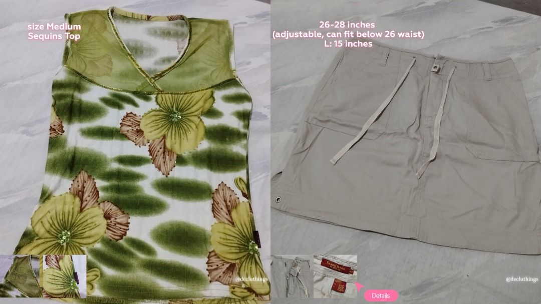 Clothes Bundle sale ! y2k whimsy denim branded (Category: Others Tops) located in Caloocan City. Submitted by decluthings_ (Listing ID 1450620128, Image 1). Description: - Two items for only 75 pesos !! - Includes: sequined top, green silk cardigan / cover up, white ribbed top, lace top, white mini skirt, beige cargo skirt, denim shorts, black skort, and a black top with flared sleeves. - Sizes: Mostly Small to Medium (S-M), please see each photo