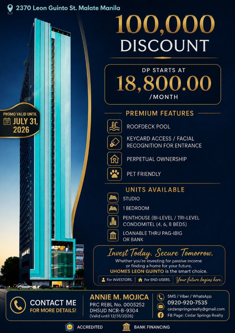 Condormitel UHomes Leon Guinto (Category: Apartments & Condos) located in Manila. Submitted by cedarspring_realty7887 (Listing ID 1449058102, Image 2). Description: INVEST WHERE DEMAND NEVER STOPS. Your Smartest Real Estate Investment Starts Here. UHomes Leon Guinto – Malate, Manila Own a premium condominium in one of Manila's most strategic and high-demand locations—perfect for investors, OFWs, parents with children studying in Manila, and young
