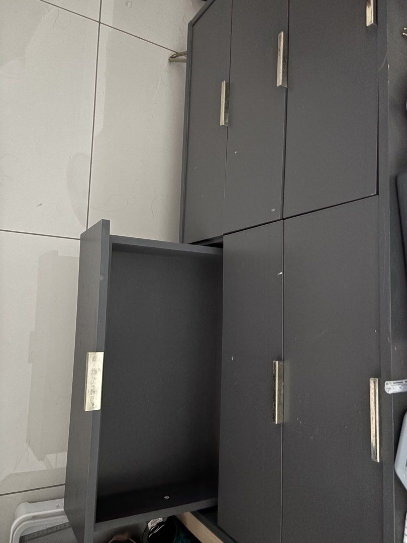 Dark Grey Furniture with Gold Legs/Handle (Category: Shelves, Cabinets & Racks) located in Kuala Lumpur. Submitted by thenabssellstuff (Listing ID 1450591766, Image 2). Description: Please read the description!!!! TV Bench, 3 sections Grey colour with gold handles 180x40x44cm (LxWxH) RM150 6-drawer cabinet Grey colour with gold handles 120x40x74 (LxWxH) RM100 Shoe Rack - with sections and half door Grey colour with gold handles 80x34x132cm (LxWxH
