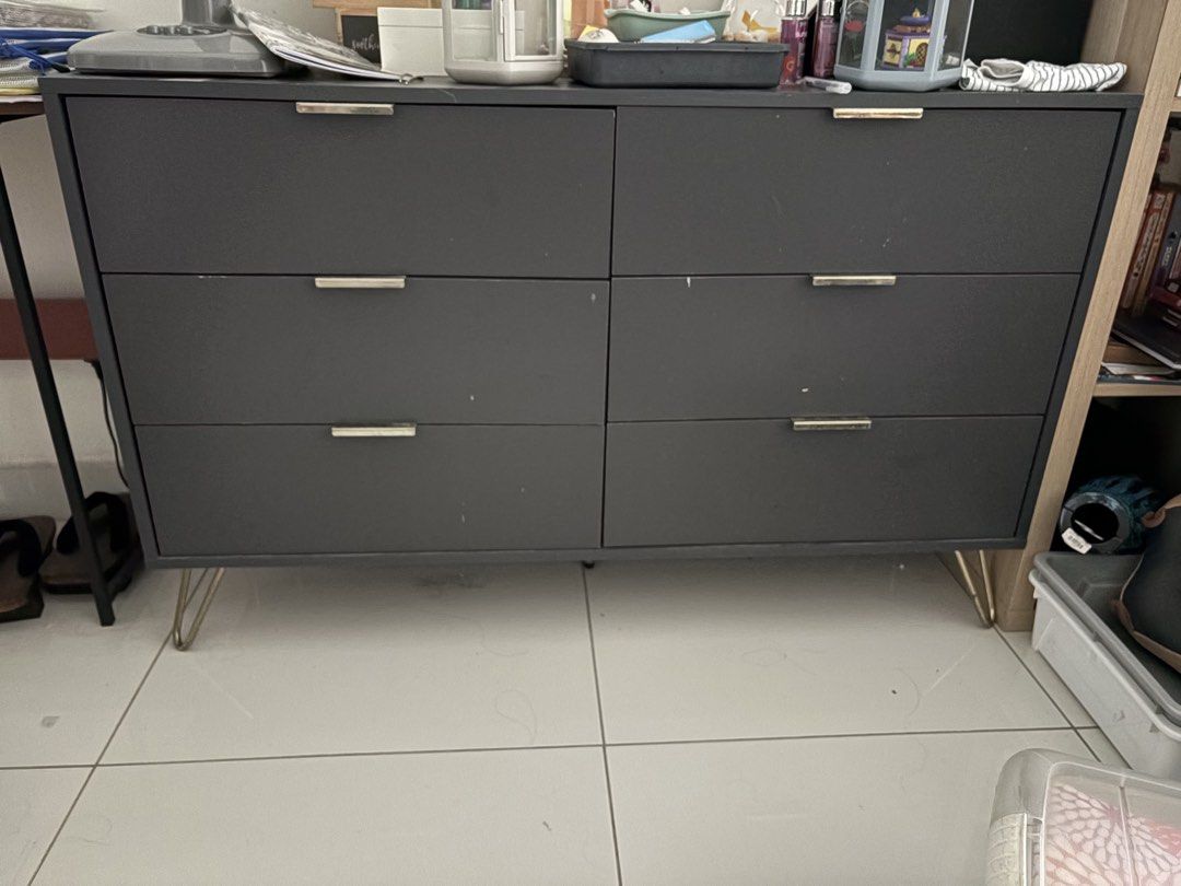 Dark Grey Furniture with Gold Legs/Handle (Category: Shelves, Cabinets & Racks) located in Kuala Lumpur. Submitted by thenabssellstuff (Listing ID 1450591766, Image 1). Description: Please read the description!!!! TV Bench, 3 sections Grey colour with gold handles 180x40x44cm (LxWxH) RM150 6-drawer cabinet Grey colour with gold handles 120x40x74 (LxWxH) RM100 Shoe Rack - with sections and half door Grey colour with gold handles 80x34x132cm (LxWxH