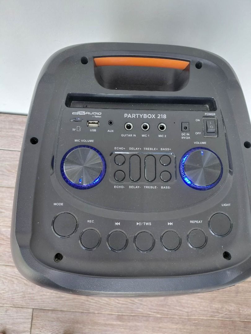 DB Audio Partybox 218 Portable Speaker with Lights (Category: Soundbars, Speakers & Amplifiers) located in San Juan City. Submitted by salesite (Listing ID 1450650868, Image 2). Description: - DB Audio Partybox 218 portable speaker - Colorful LED lights - Controls: Mic Volume, Echo, Delay, Treble, Bass - Inputs: USB, TF, AUX, Guitar - Ideal for parties and gatherings Defect: - Battery not Charging, Works well when plugged direct to outlet - With 