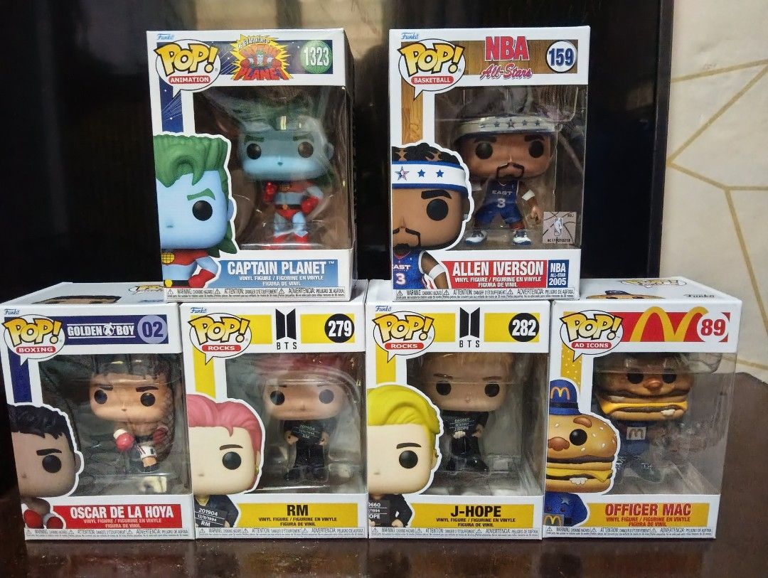 Funko Pop For Sale (Category: Designer & Blind Box Toys) located in Caloocan City. Submitted by jbfuenzalida27 (Listing ID 1450588614, Image 1). Description: Funko pop Good condition Bts Rm Bts J hope Captain planet Oscar Dela hoya Allen Iverson Mcdo officer Mac Price: 500 each Meetup: c3 caloocan or pick up .
