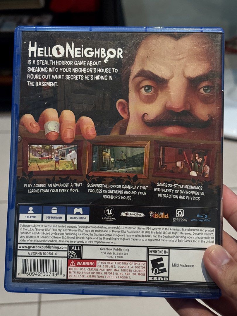 Hello Neighbor PS4 Game (Category: PlayStation) located in Manila. Submitted by oldbutnewforyou (Listing ID 1450703663, Image 3). Description: - Stealth horror game for PlayStation 4 - Sneak into your neighbor's house to uncover secrets - Sandbox-style mechanics with environmental interaction and physics - Play against an advanced, adaptive AI - Suspenseful and thrilling gameplay - Discover the mystery of the basement.