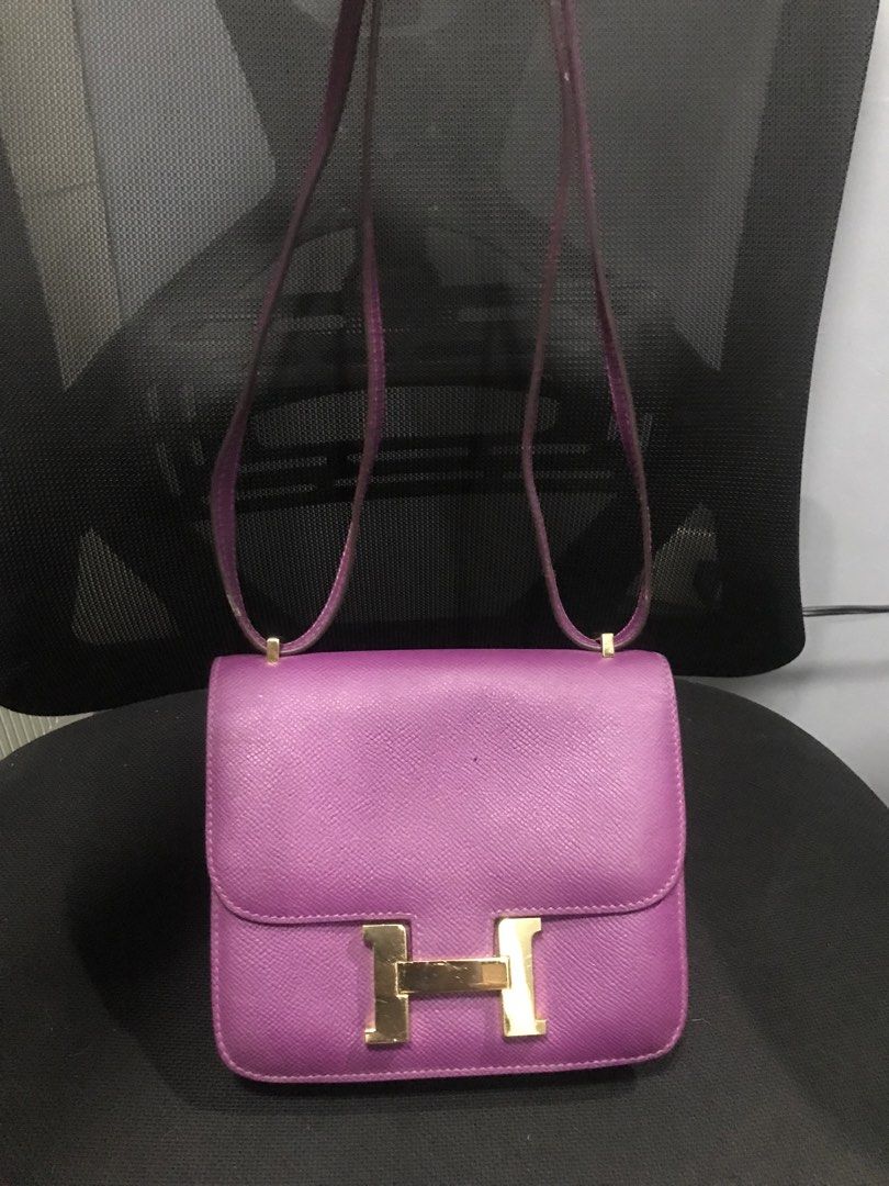 Hermes Constance Mini Bag - Purple Epsom Leather (Category: Luxury Bags & Wallets) located in Manila. Submitted by heycessygirl (Listing ID 1450659271, Image 2). Description: Purple Hermes Constance Bag - Material: Epsom Leather - Hardware: Gold - Size: Small (perfect for essentials) - Features: Adjustable strap, clean interior - Condition: Good, with minor signs of wear on strap and hardware.