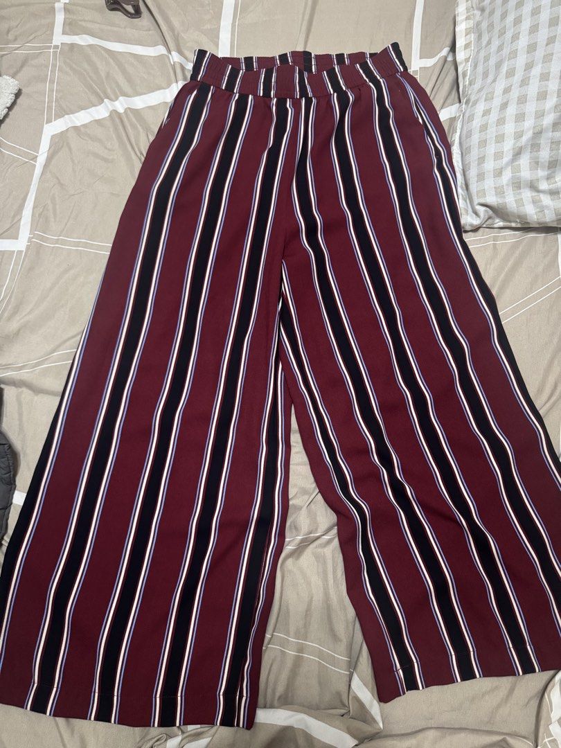 H&M Striped Wide Leg Culottes Pants (Category: Other Bottoms) located in San Pedro. Submitted by abbbnnn (Listing ID 1450615218, Image 1). Description: H&M striped culottes (maroon, black, white, blue). Elastic waist, wide leg, cropped. Perfect for casual or dressed-up looks..