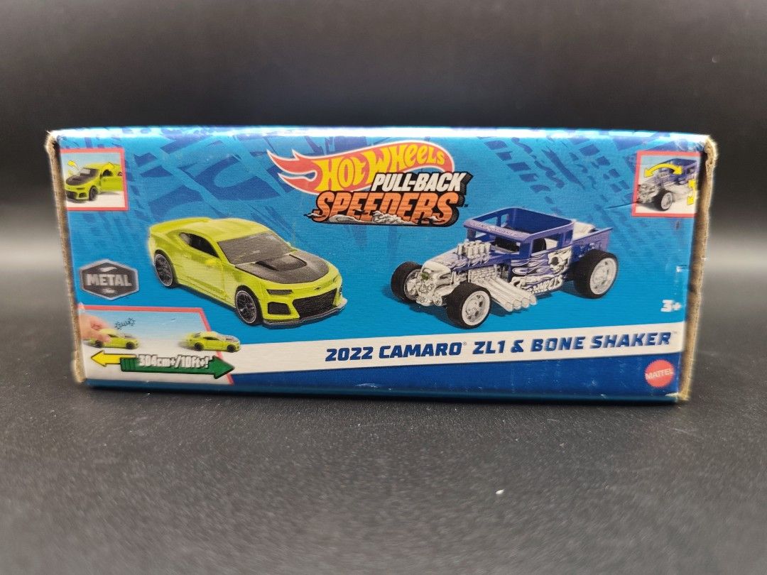 Hot Wheels Pull-Back Speeders 2022 Camaro ZL1 & Bone Shaker (Category: Vehicle & Diecast Models) located in Rizal. Submitted by royalty1998 (Listing ID 1450570079, Image 2). Description: - Hot Wheels Pull-Back Speeders Set - Includes 2022 Camaro ZL1 and Bone Shaker - Both cars feature fun pull-back action - Ideal for Hot Wheels collectors and kids - Die cast metal parts.