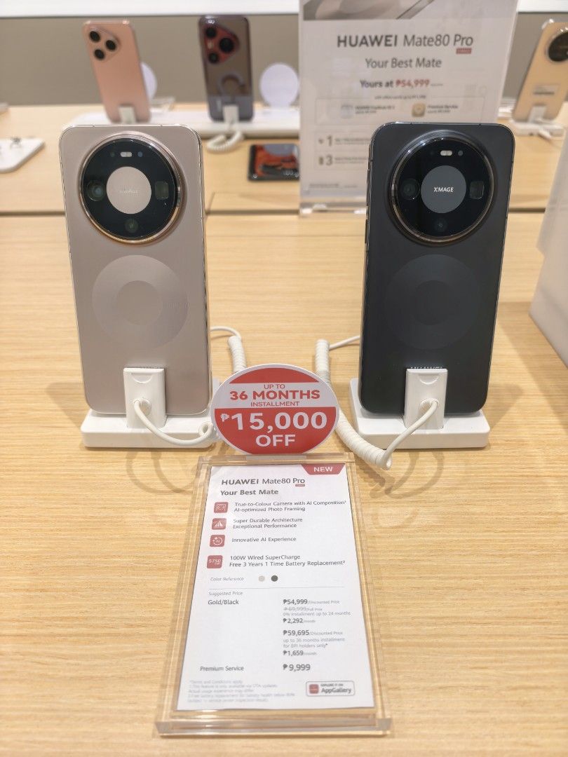 HUAWEI Mate 80 Pro - Your Best Mate (Category: Huawei) located in Quezon City. Submitted by jeanligsay68447 (Listing ID 1450564233, Image 2). Description: - HUAWEI Mate 80 Pro - Super Durable Architect - Innovative AI Experience - 180W Wired SuperCharge - FREE 3 Year 1 Time Battery Replacement - Available in Gold/Black - Special Offer Price: P39,999 (Original Price: P54,999) - Installment plans available.