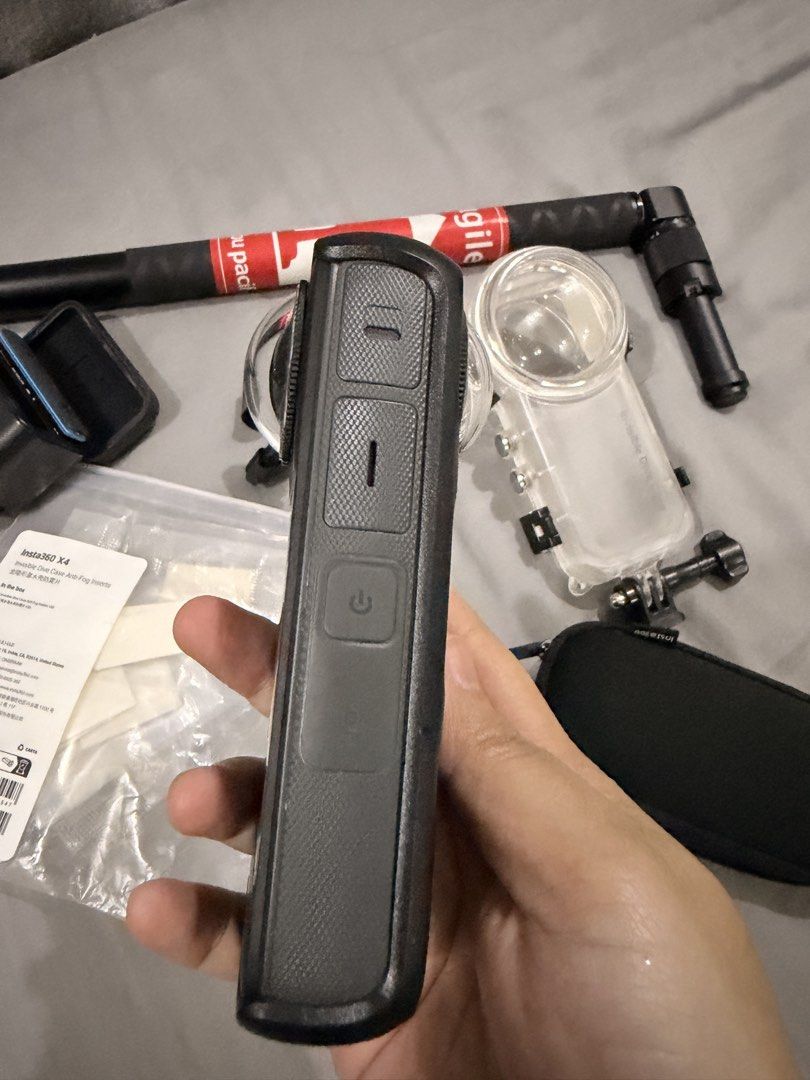 Insta 360 X4 Action Camera Bundle with Accessories (Category: Cameras) located in Las Pinas. Submitted by mgpepito (Listing ID 1450658743, Image 3). Description: - Insta360 X4 camera - Includes selfie stick (bullet time accessory) - Waterproof dive case (though the case has some scratches due to usage) - Anti Fog for diving - Wrist Strap for adventures - Fast Charger with 2 batteries - Ideal for immersive videos and photos Rfs will not use it any