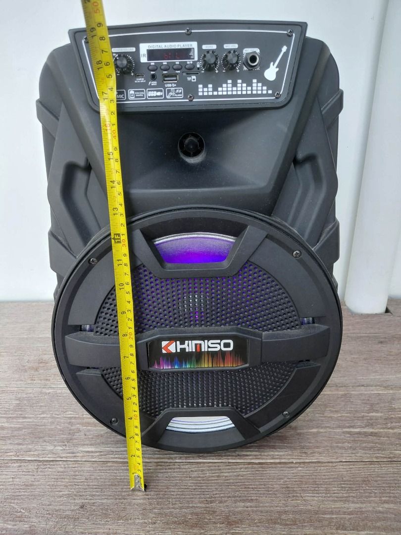 KIMISO Portable Speaker with Lights (Category: Soundbars, Speakers & Amplifiers) located in San Juan City. Submitted by salesite (Listing ID 1450651499, Image 2). Description: - Portable speaker with built-in digital audio player - Controls for volume, EQ, and microphone input - Features vibrant, colorful LED lights - Ideal for parties and outdoor gatherings - Dimensions: Approximately 19 inches tall and 11 inches wide.