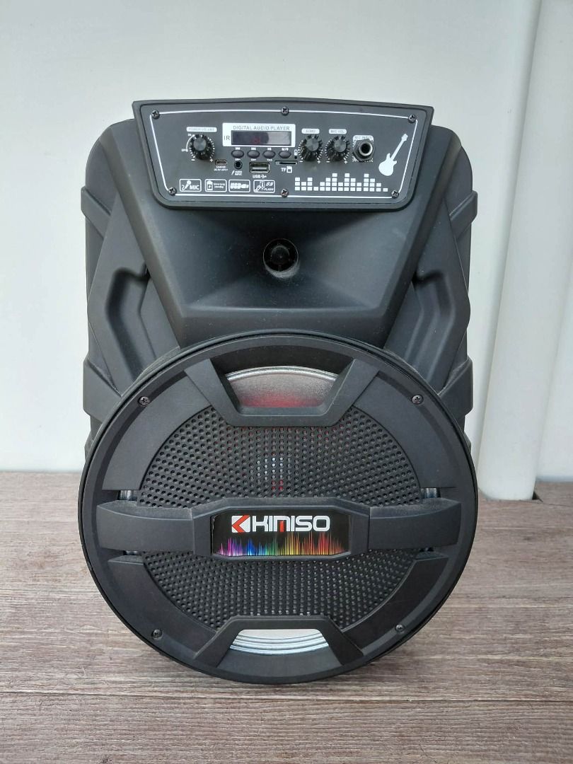 KIMISO Portable Speaker with Lights (Category: Soundbars, Speakers & Amplifiers) located in San Juan City. Submitted by salesite (Listing ID 1450651499, Image 1). Description: - Portable speaker with built-in digital audio player - Controls for volume, EQ, and microphone input - Features vibrant, colorful LED lights - Ideal for parties and outdoor gatherings - Dimensions: Approximately 19 inches tall and 11 inches wide.