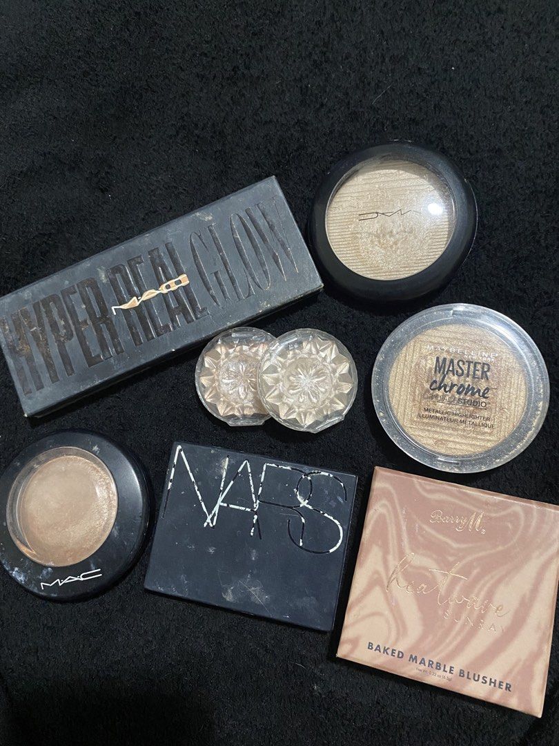 MAC, NARS, Barry M Highlighters Bundle (Category: Makeup) located in Cavite. Submitted by kkladds2289 (Listing ID 1450701400, Image 1). Description: - Highlighter Bundle for a Radiant Glow! - Includes: - MAC Hyper Real Glow Palette - MAC Extra Dimension Skinfinish - MAC Mineralize Skinfinish - NARS Highlighter Palette - Barry M Baked Marble Blusher - Condition: Some items are used, some have minimal use. Please check photos for individual product