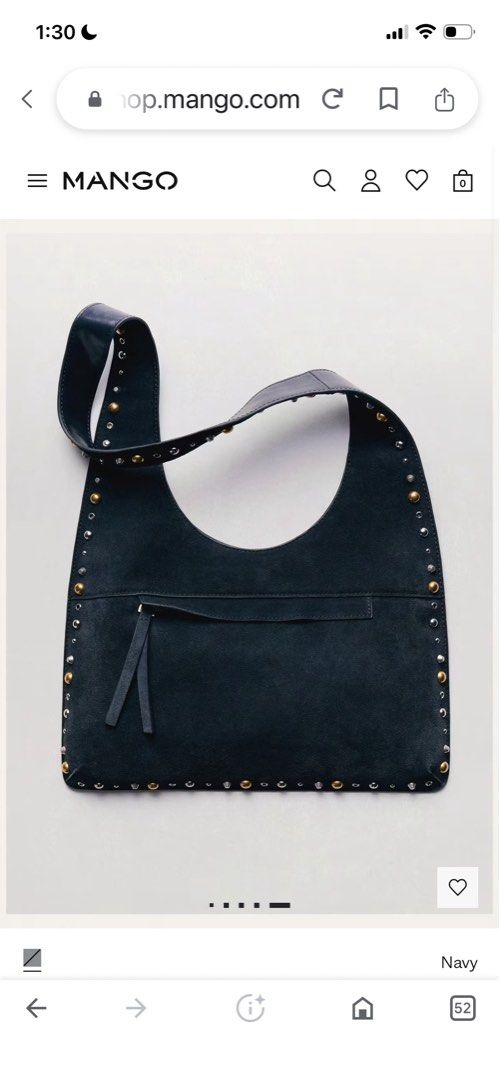 Mango suede hobo bag (Category: Announcements) located in Las Pinas. Submitted by silvader (Listing ID 1450574514, Image 2). Description: Bnwt Navy blue with studs Front is suede back is leather.