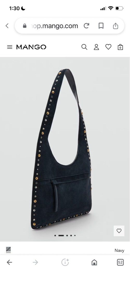 Mango suede hobo bag (Category: Announcements) located in Las Pinas. Submitted by silvader (Listing ID 1450574514, Image 3). Description: Bnwt Navy blue with studs Front is suede back is leather.