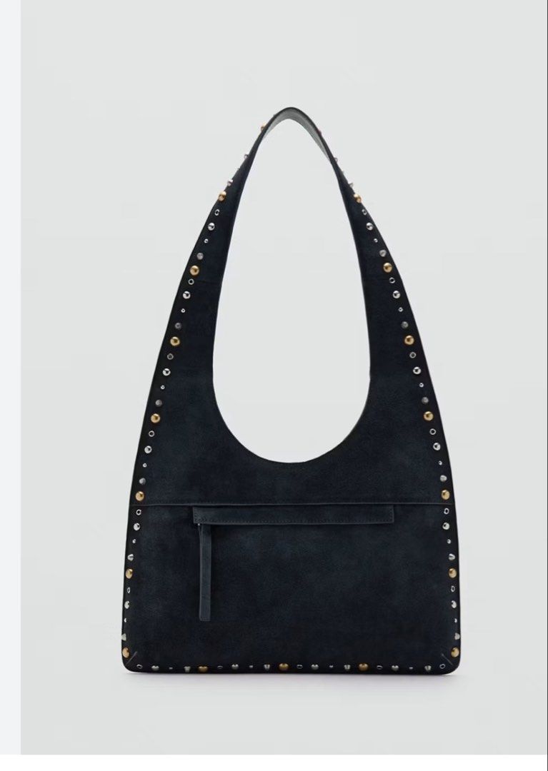 Mango suede hobo bag (Category: Announcements) located in Las Pinas. Submitted by silvader (Listing ID 1450574514, Image 1). Description: Bnwt Navy blue with studs Front is suede back is leather.