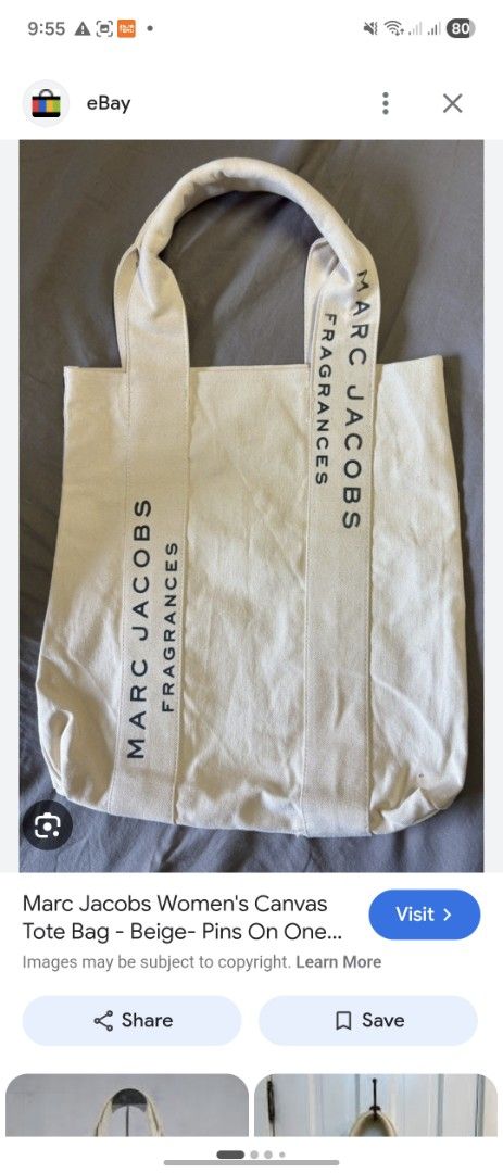 Marc Jacobs Fragrances Canvas Tote Bag (Category: Luxury Bags & Wallets) located in Mandaue City. Submitted by chuchi152615 (Listing ID 1450537631, Image 2). Description: - Authentic Marc Jacobs canvas tote bag - Color: Beige - 'Marc Jacobs Fragrances' print on both sides - Sturdy canvas material with comfortable handles - Perfect for everyday use or as a stylish shopping bag - Classic and simple design.