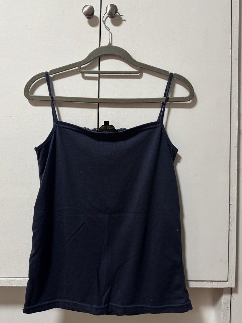 Navy Blue Lace Trim Camisole Top (Category: Sleeveless) located in Quezon City. Submitted by nellienells (Listing ID 1450575325, Image 2). Description: - Tag says XL but can easily fit M frames - Navy blue camisole with delicate lace trim at the bust.