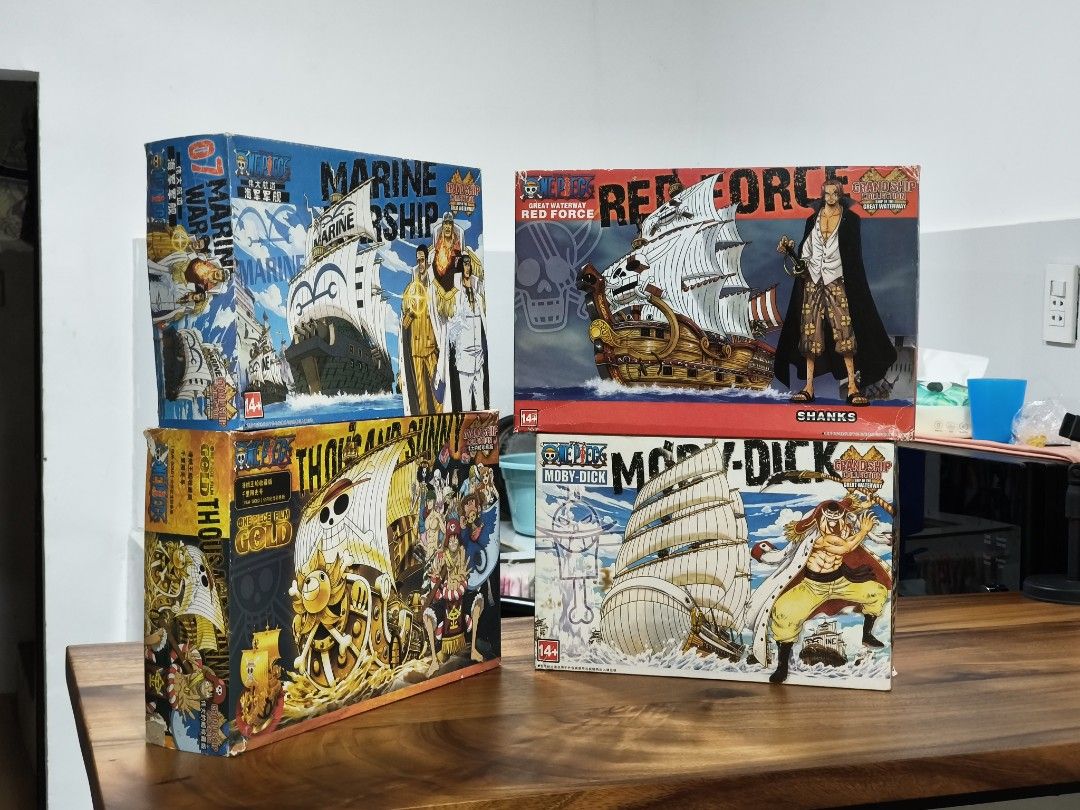 One Piece Ship (Category: Gundam & Model Kits) located in Pasig City. Submitted by agentanne (Listing ID 1450673067, Image 2). Description: - Set of 4 One Piece ship model kits - Includes: Marine Warship, Red Force, Moby Dick, Thousand Sunny - Perfect for One Piece collectors and anime fans - Own your favorite pirate ships! 2k nalang yang 4 .