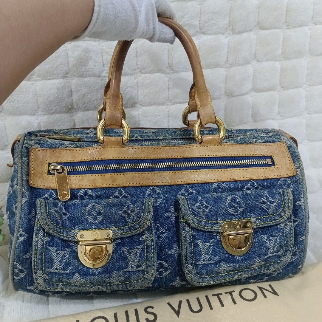 ORIGINAL LV BLUE MONOGRAM DENIM NEO SPEEDY (Category: Luxury Bags & Wallets) located in Manila. Submitted by fabluxury.corner (Listing ID 1450635649, Image 2). Description: Rank AB condition With original dustbag and certificate of authenticity Not faded denim Minor Dirt lang at the back part lang po sa Isang mono print and also vintage mark as well on leather see photos.