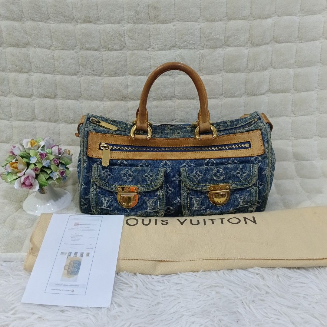 ORIGINAL LV BLUE MONOGRAM DENIM NEO SPEEDY (Category: Luxury Bags & Wallets) located in Manila. Submitted by fabluxury.corner (Listing ID 1450635649, Image 1). Description: Rank AB condition With original dustbag and certificate of authenticity Not faded denim Minor Dirt lang at the back part lang po sa Isang mono print and also vintage mark as well on leather see photos.