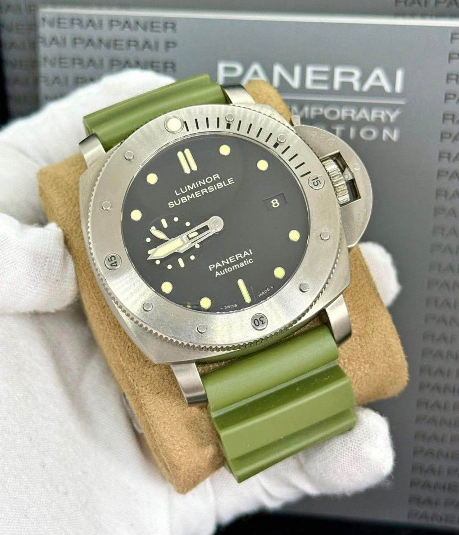 Panerai Luminor Submersible Automatic Green Rubber Strap Watch (Category: Men's Watches) located in Manila. Submitted by supermom888 (Listing ID 1450573437, Image 1). Description: - Panerai Luminor Submersible watch - Automatic movement - Black dial with luminous markers and date window - Comes with a green rubber strap and stainless steel buckle - Excellent for diving or everyday wear.