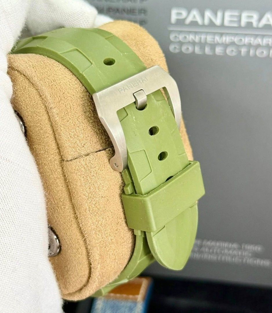 Panerai Luminor Submersible Automatic Green Rubber Strap Watch (Category: Men's Watches) located in Manila. Submitted by supermom888 (Listing ID 1450573437, Image 3). Description: - Panerai Luminor Submersible watch - Automatic movement - Black dial with luminous markers and date window - Comes with a green rubber strap and stainless steel buckle - Excellent for diving or everyday wear.