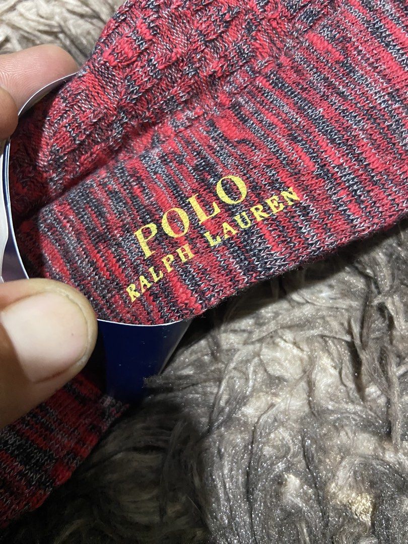Take all Polo Ralph Lauren Socks (2 Pairs) (Category: Socks) located in Davao. Submitted by mengsmixitems (Listing ID 1450601560, Image 3). Description: - Two pairs of authentic Polo Ralph Lauren socks - One pair: Red and grey marled - Second pair: Navy with yellow accents - Size: 25-27cm - Made in Japan - Brand new with original tags attached.