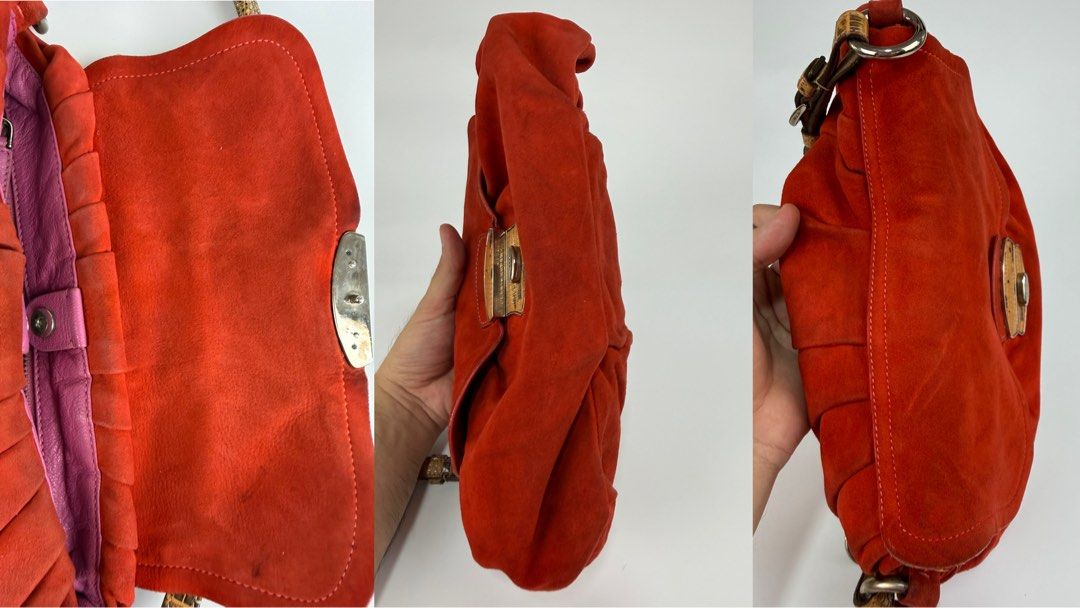 Prada Orange Suede Push-lock Baguette (Category: Luxury Bags & Wallets) located in Burgos, Ilocos Sur. Submitted by robynperalta05 (Listing ID 1450645690, Image 3). Description: Orange suede exterior Lilac leather lining Silver-tone hardware Push-lock closure Animal skin embossed shoulder strap Signs of wear Dirt and faded on some parts of the suede, consistent with its vintage nature. Leather separation on some parts of the flap Press marks This
