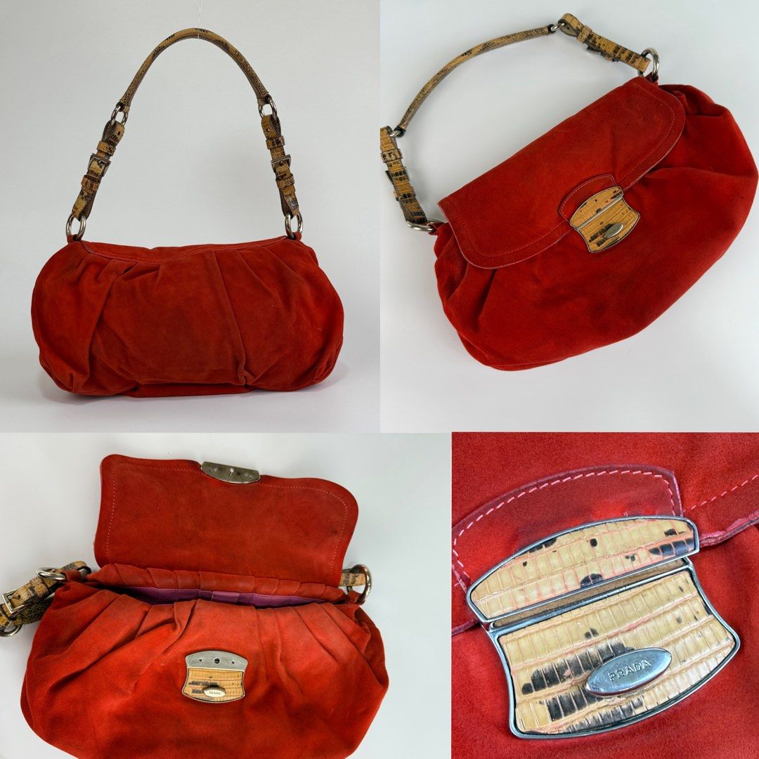 Prada Orange Suede Push-lock Baguette (Category: Luxury Bags & Wallets) located in Burgos, Ilocos Sur. Submitted by robynperalta05 (Listing ID 1450645690, Image 2). Description: Orange suede exterior Lilac leather lining Silver-tone hardware Push-lock closure Animal skin embossed shoulder strap Signs of wear Dirt and faded on some parts of the suede, consistent with its vintage nature. Leather separation on some parts of the flap Press marks This
