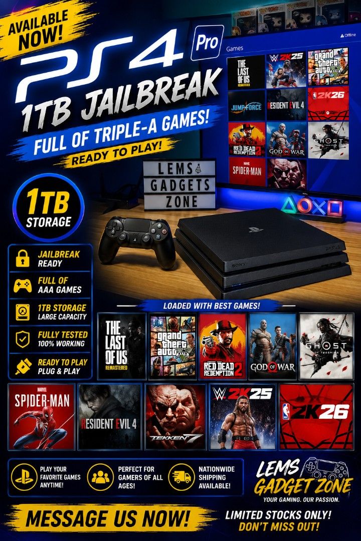 PS4 Pro 1TB Jailbreak Console Loaded with AAA Games (Category: PlayStation) located in Manila. Submitted by lemsgadgetszone (Listing ID 1450658937, Image 1). Description: - PS4 Pro 1TB Console - Jailbreak Ready - Loaded with Triple-A Games (Playable immediately) - Large 1TB Storage - Fully Tested & 100% Working - Plug and Play - Nationwide Shipping Available - Limited Stocks Available.