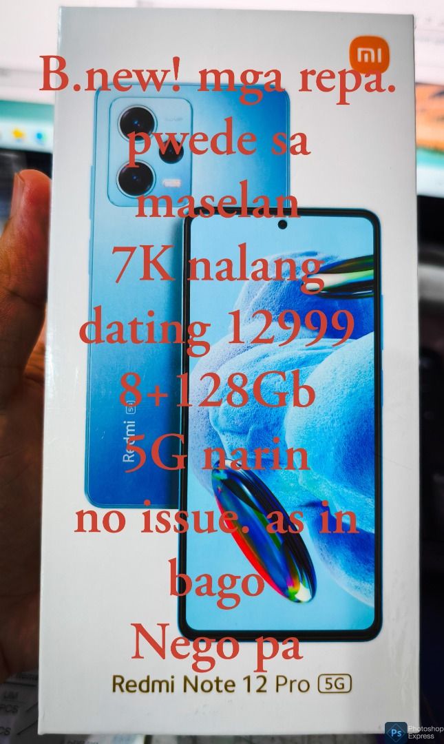 Redmi Note 12 pro 5G (8+128GB) (Category: Early Generation Mobile Phones) located in Caloocan City. Submitted by jigz_gutie (Listing ID 1450598211, Image 1). Description: Brandnew!! 7K nalang 📲📲 Negotiable pa Dating 12999 Paubos Stock Below Market Price Redmi Note 12 Pro 5G (8GB/128GB) Specs WITH WARRANTY 📱 6.67-inch FHD+ AMOLED Display 2400 × 1080 Resolution 120Hz Refresh Rate Dolby Vision & HDR10+ Corning Gorilla Glass 5 ⚙️ MediaTek Dimensit