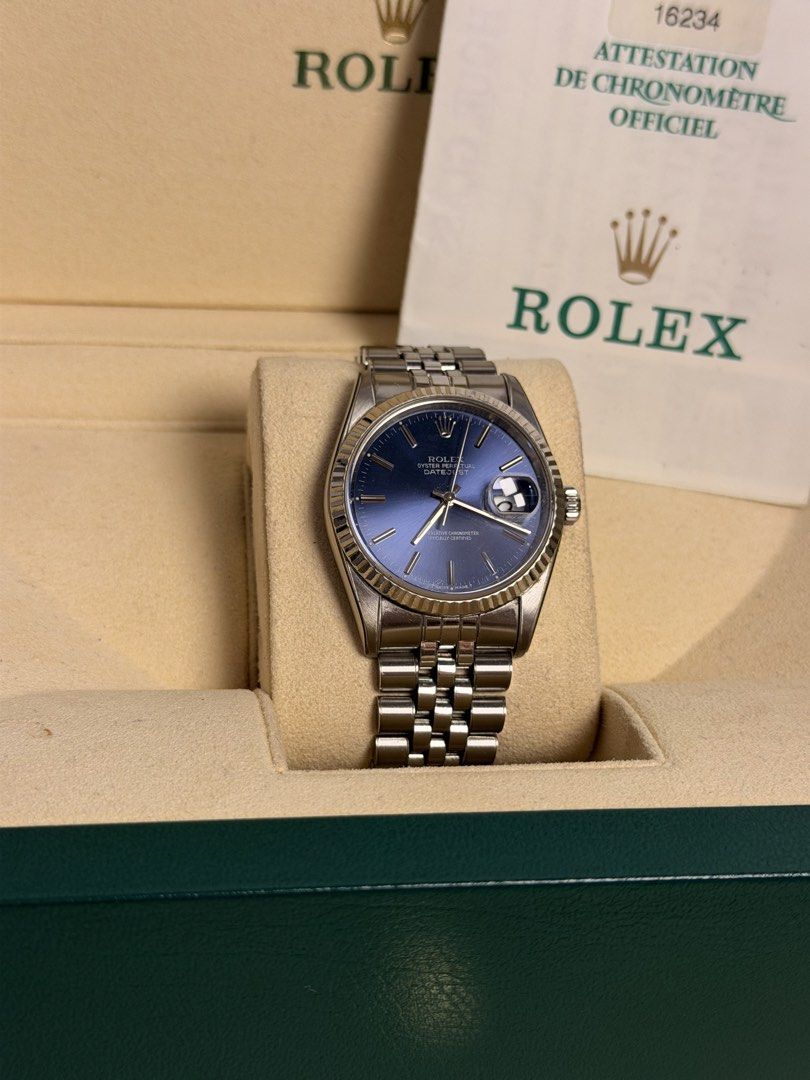 Rolex Datejust (Category: Luxury Watches) located in Quezon City. Submitted by LuxPieces (Listing ID 1450719982, Image 1). Description: Rolex Datejust Jubilee Bracelet White Gold Bezel Factory Blue dial Year 1997 RARE Ref. 16234 Watch and Paper only 365k .
