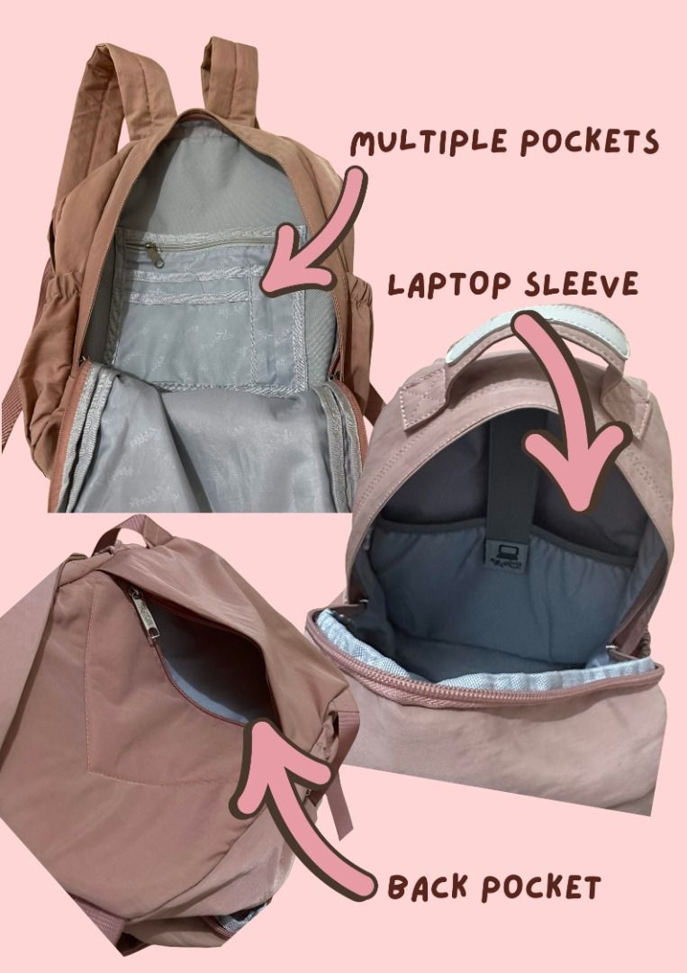 Ruffles Pink Backpack (Category: Backpacks) located in Quezon City. Submitted by rikkubns (Listing ID 1450702801, Image 2). Description: Product Details: - Price: Php 600 (slightly negotiable) - Size: 15.5 inches lengthwise - Brand: Ruffles - Color: Pastel Pink / Salmon (w/ grey interior lining). Actual product color may differ from the picture due to lighting effects. - Material: Lightweight, durable nylon fabric. Water repellent. - Condition: 9