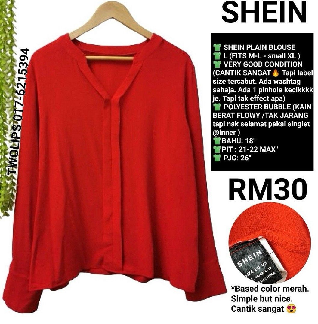SHEIN BASIC BLOUSE (Category: Blouses) located in Sepang. Submitted by twolips.wardrobe (Listing ID 1450569235, Image 1). Description: FREE POSTAGE SEMENANJUNG ✔️ SS POSTAGE + RM15 ❤️❤️❤️❤️❤️❤️❤️❤️ PLEASE BACA SEBELUM BELI: ❤️ ADA 5 OWNER BAJU DALAM NI. 2 admin ❤️ BAJU DARI PELBAGAI SOURCES (ada new item/ warehouse sale/ custom/preloved / yang tak berkenan beli kat seller lain pun akan diletgo semula di sini, etc) ❤️ TAK SESUAI UNTUK FUSSY BUYER.
