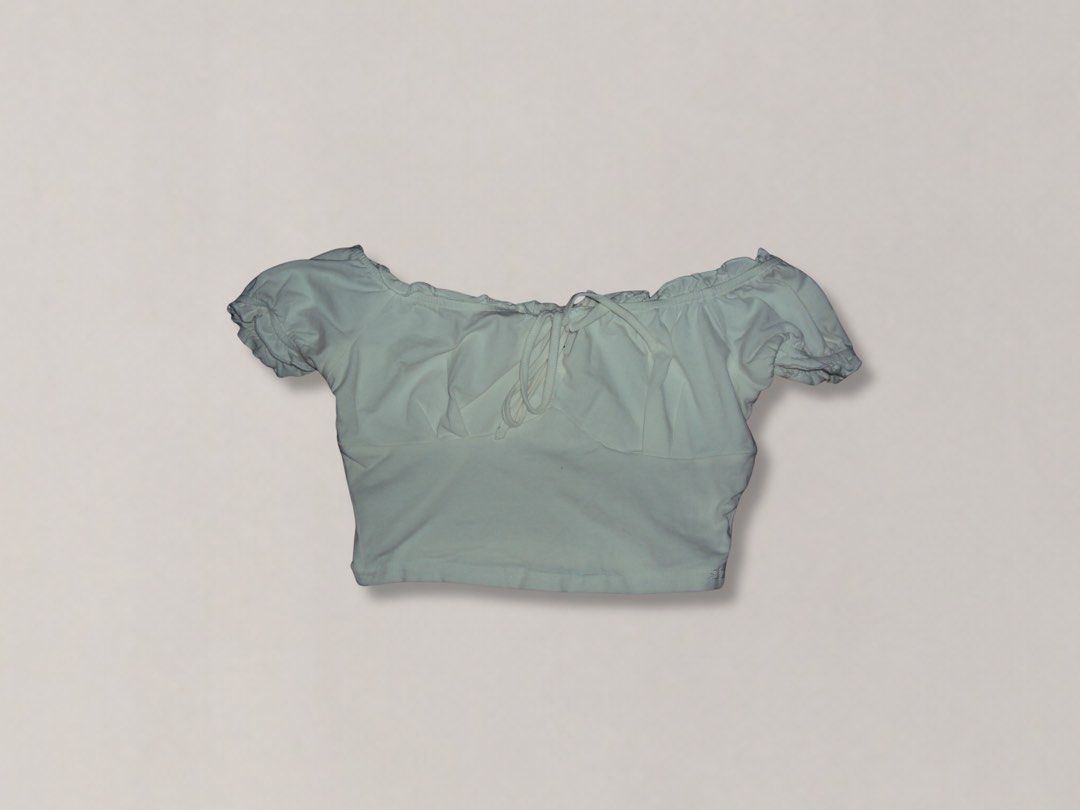 SHEIN White Off-Shoulder Tie Front Crop Top (Category: Blouses) located in Candon. Submitted by czaeya (Listing ID 1449007290, Image 1). Description: ♡ color: white ♡ Features a tie front detail ♡ ask for more pics if interested! (: .