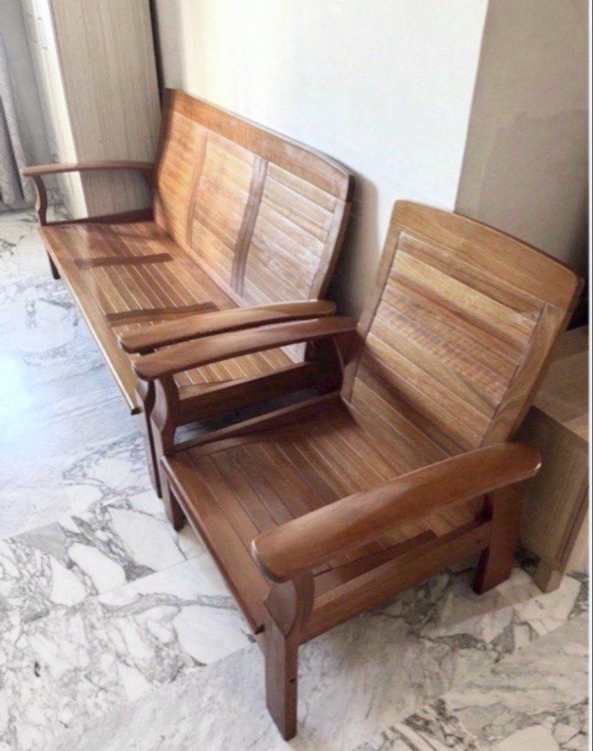 Solid Wood Sofa Set (Category: Sofas) located in Singapore. Submitted by jamieli8 (Listing ID 1450552421, Image 1). Description: Solid wood 3 seater and 1-seater 1) 3 seater measurement: Width (handle to handle) - 186.5cm Height (seat to floor) - 28.5cm Height (back rest to floor) - 86.5cm Seat depth - 56cm 2) 1 seater measurement: Width (handle to handle) - 75cm Height & depth same as 3 seaters .