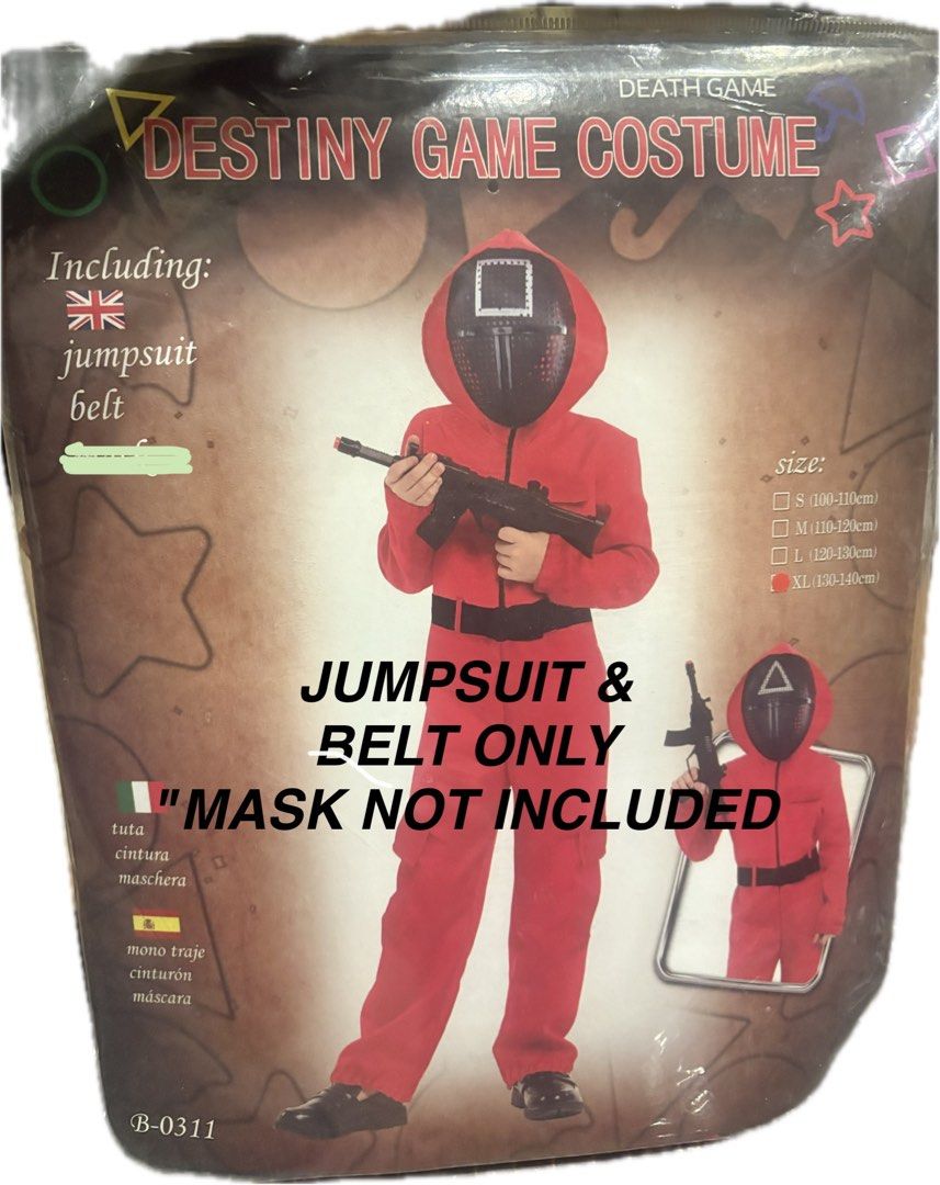 Squid Game Inspired Jumpsuit for Kids (Category: Babies & Kids Fashion) located in Quezon City. Submitted by cglui_152 (Listing ID 1450613150, Image 1). Description: This is a children's Destiny Game Costume jumpsuit, inspired by the Netflix series Squid Game.The package clearly states it includes only the jumpsuit and belt, with the mask not included. Kids size XL 130-140cm. .