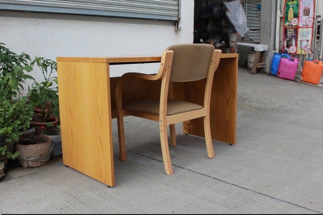 Study table (Category: Tables & Sets) located in Meycauayan. Submitted by marygracecasimiro (Listing ID 1450660057, Image 3). Description: Wooden Desk with Bentwood Chair Set Desk with a clean, sturdy design with a spacious work surface, while the chair provides comfortable padded seating with supportive armrests Table L:47 ¼ W:21 ¾ H:28 ½ Chair L:20 ¾ W:19 Seat H:15 Back H:31 inches Set for only 8,700 pesos💜💜.